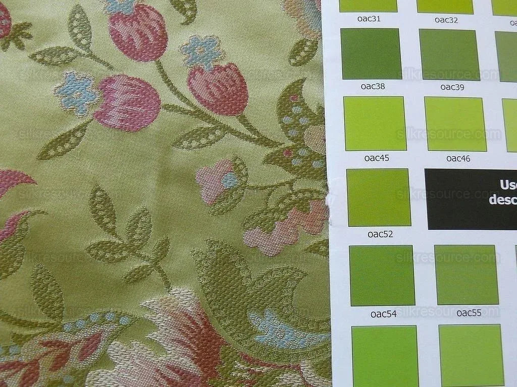 BY Yard 100% Silk Lampas Spring Garland "spring" Green Pink Bright Blue