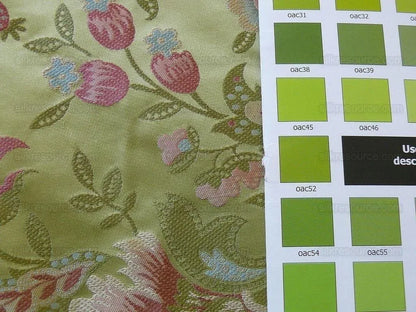 BY Yard 100% Silk Lampas Spring Garland "spring" Green Pink Bright Blue