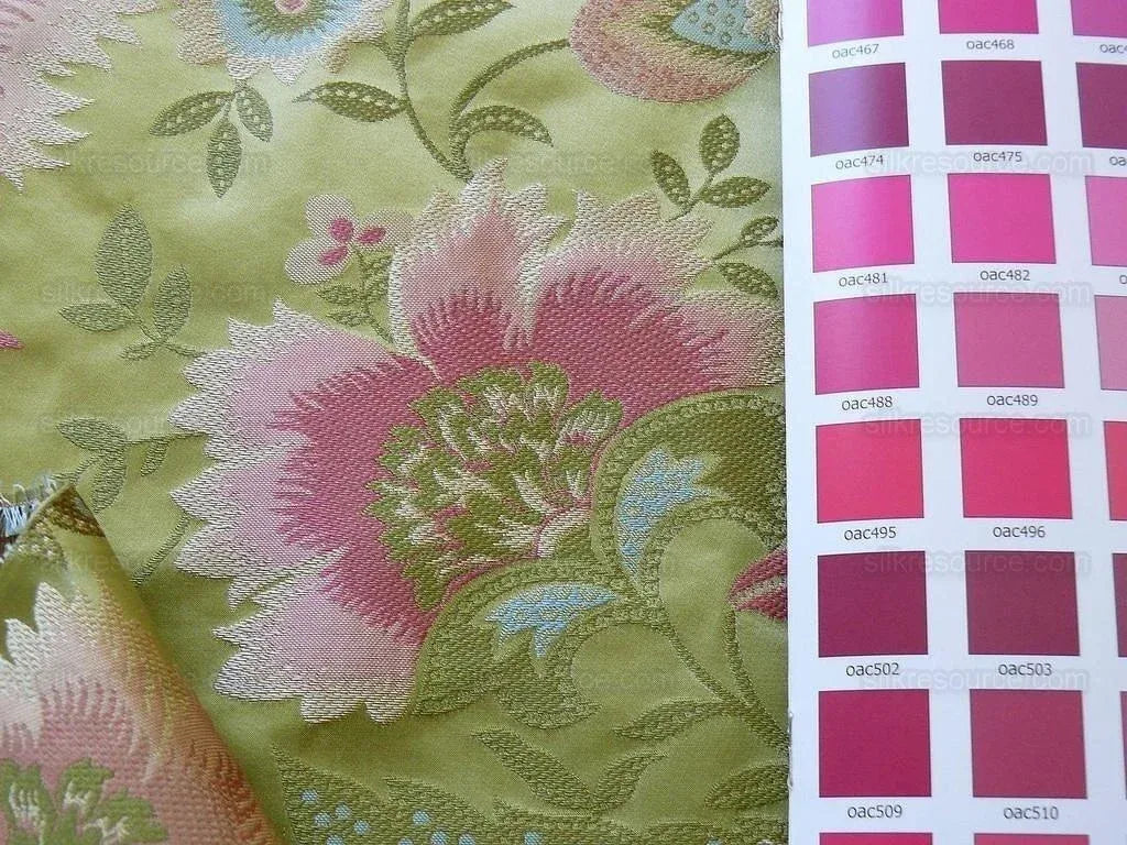 BY Yard 100% Silk Lampas Spring Garland "spring" Green Pink Bright Blue