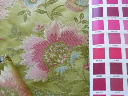 BY Yard 100% Silk Lampas Spring Garland "spring" Green Pink Bright Blue