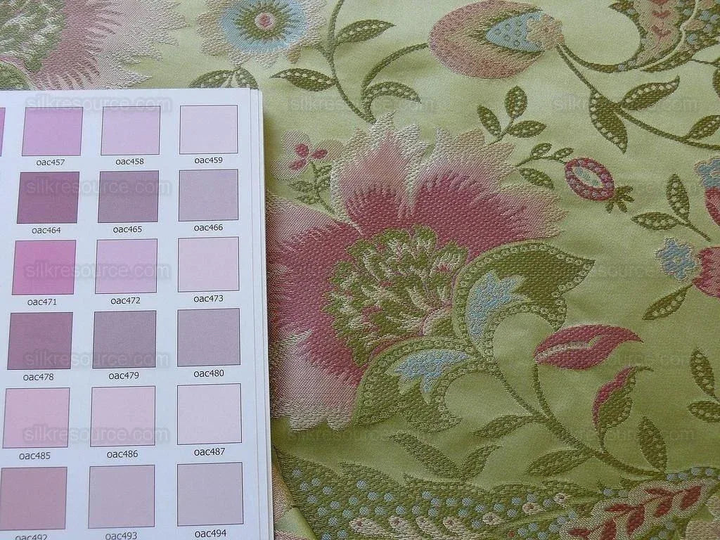 BY Yard 100% Silk Lampas Spring Garland "spring" Green Pink Bright Blue