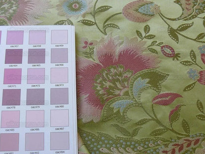 BY Yard 100% Silk Lampas Spring Garland "spring" Green Pink Bright Blue