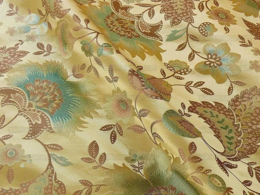 By yard 100% Silk Lampas Spring Garland "vintage" Gold Blue Green