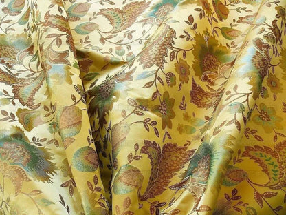 By yard 100% Silk Lampas Spring Garland "vintage" Gold Blue Green