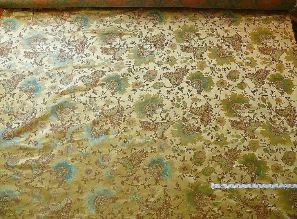 By yard 100% Silk Lampas Spring Garland "vintage" Gold Blue Green