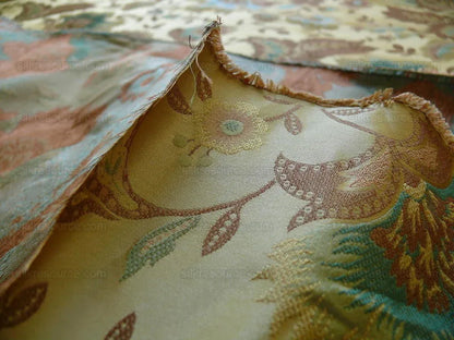 By yard 100% Silk Lampas Spring Garland "vintage" Gold Blue Green