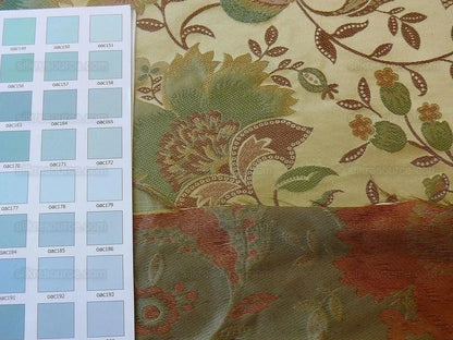 By yard 100% Silk Lampas Spring Garland "vintage" Gold Blue Green