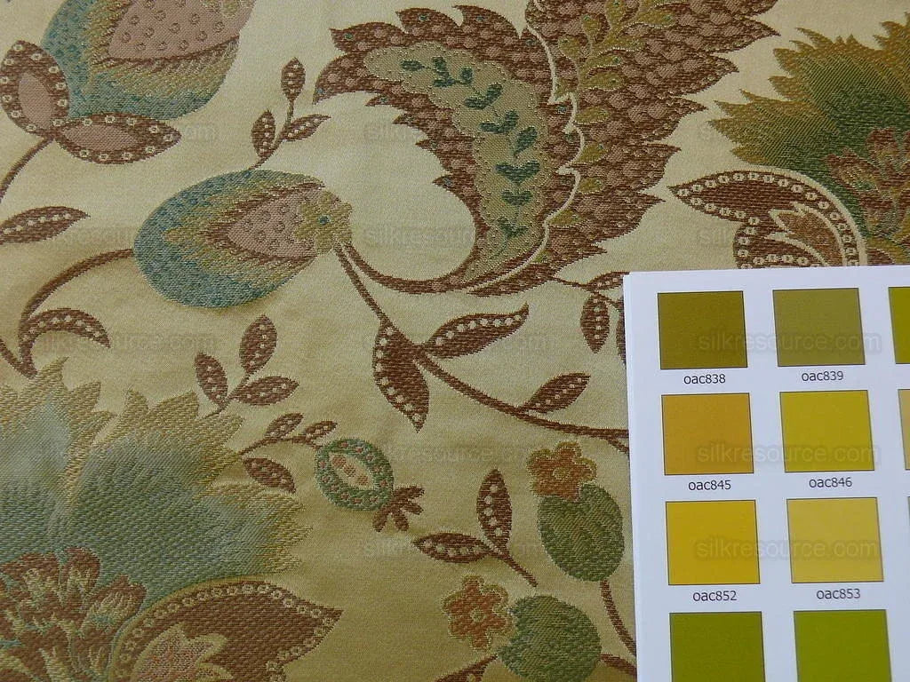 By yard 100% Silk Lampas Spring Garland "vintage" Gold Blue Green