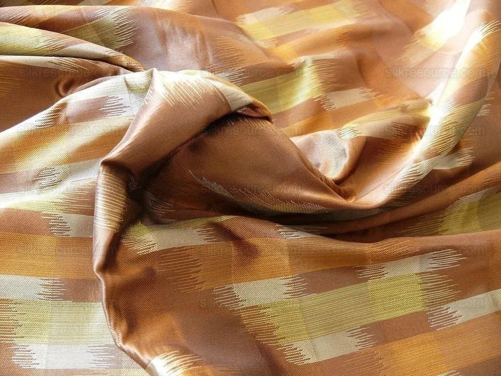 100% Silk Lampas Ikat Wave "whiskey" Brown orange Yellow Beige MSRP USD 268/y