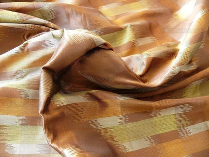 100% Silk Lampas Ikat Wave "whiskey" Brown orange Yellow Beige MSRP USD 268/y
