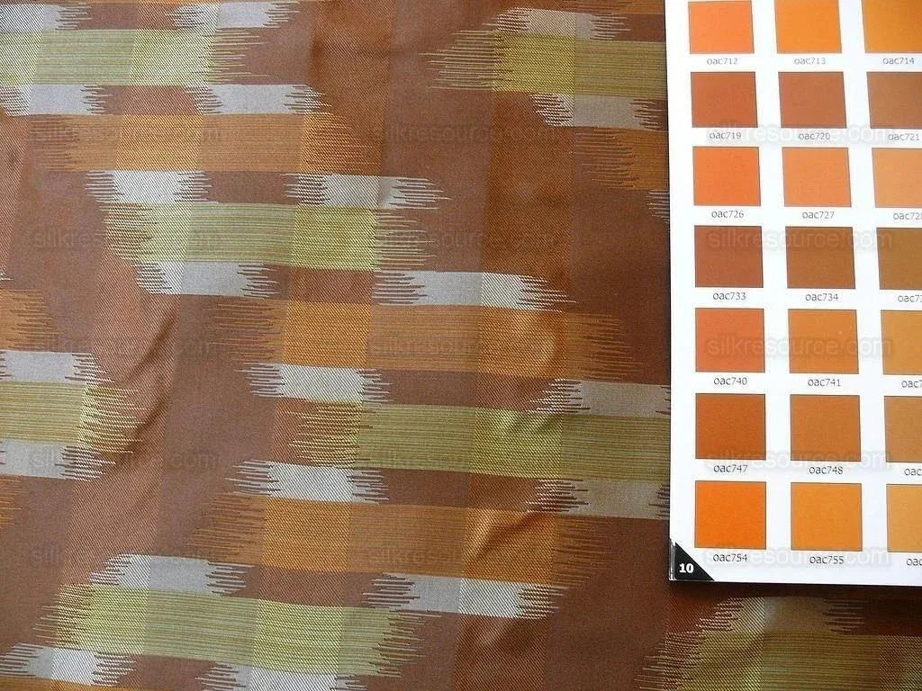 100% Silk Lampas Ikat Wave "whiskey" Brown orange Yellow Beige MSRP USD 268/y