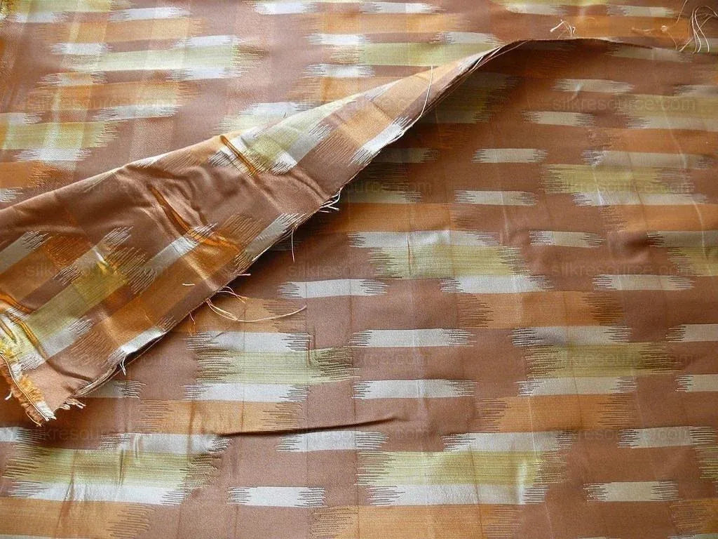 100% Silk Lampas Ikat Wave "whiskey" Brown orange Yellow Beige MSRP USD 268/y