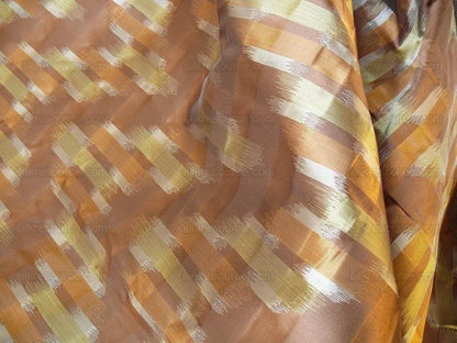 100% Silk Lampas Ikat Wave "whiskey" Brown orange Yellow Beige MSRP USD 268/y