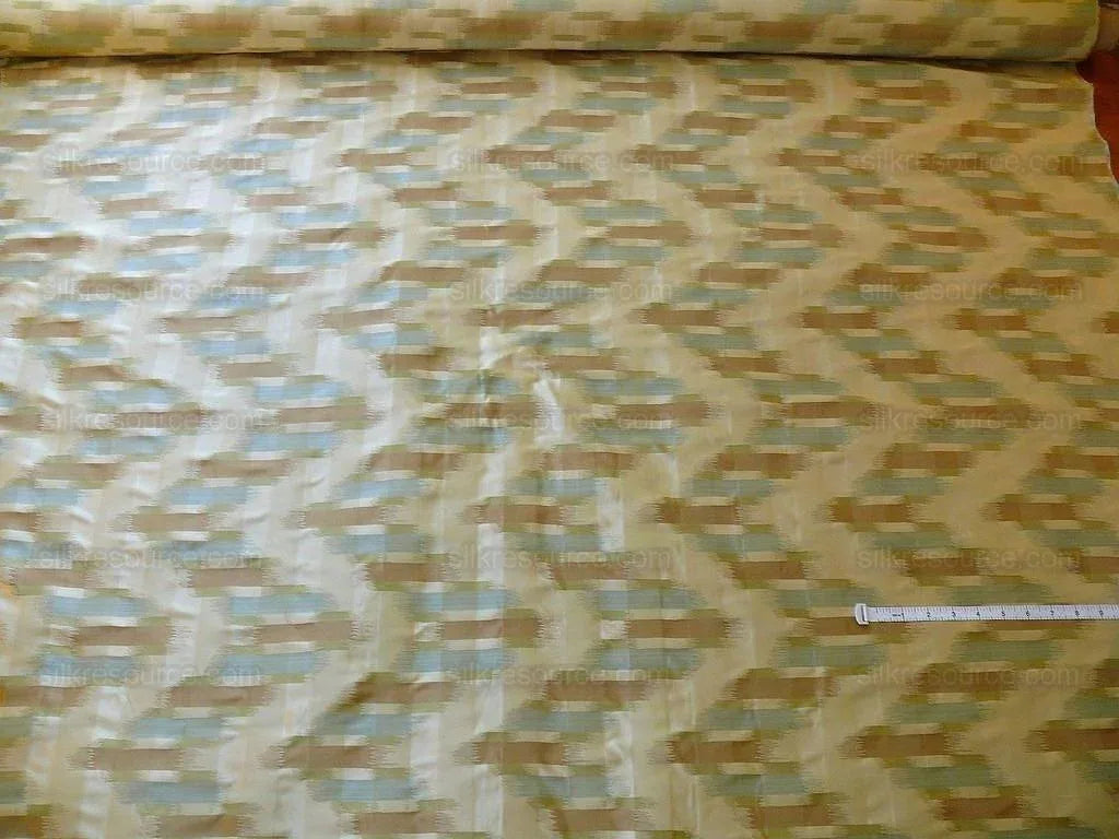 100% Silk Lampas Ikat Wave "lunar Light" Khaki Beige Brown Green Blue MSRP USD 268/y