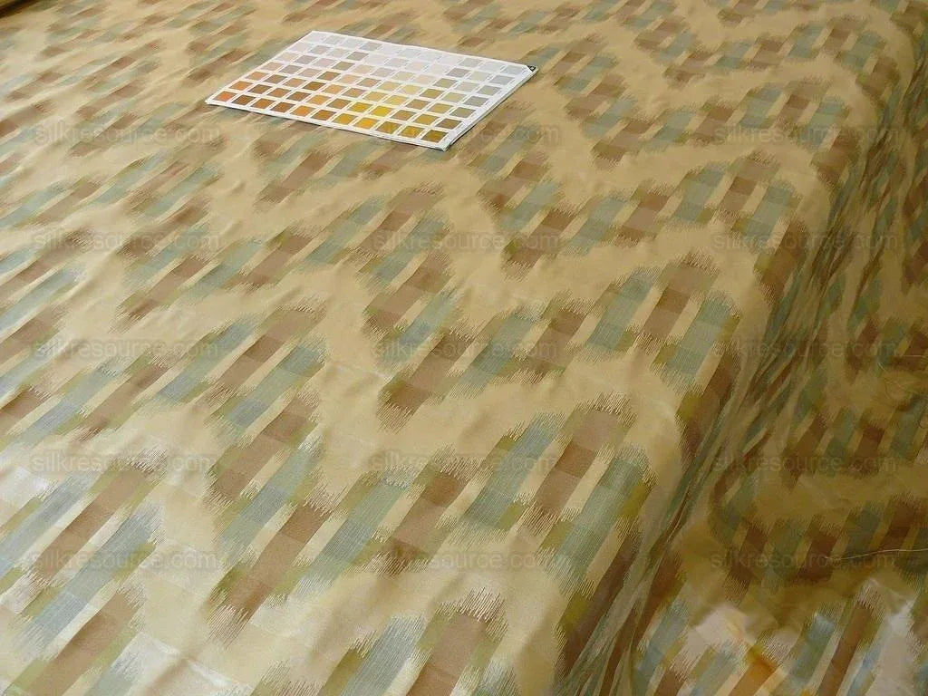 100% Silk Lampas Ikat Wave "lunar Light" Khaki Beige Brown Green Blue MSRP USD 268/y