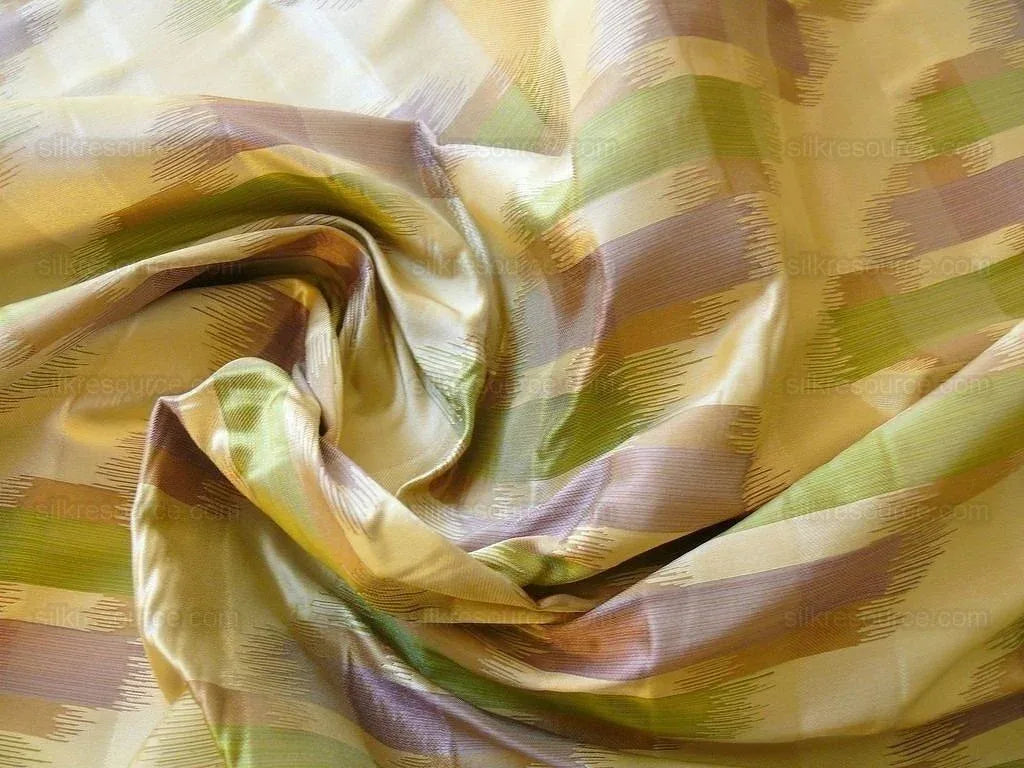 100% Silk Lampas Ikat Wave Chevron "lilac" Purple Green Gold Cream Khaki MSRP USD 268