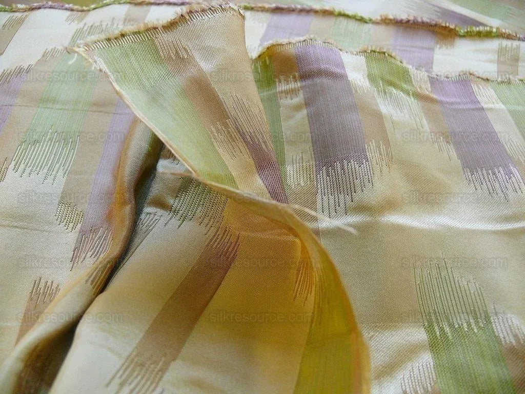 100% Silk Lampas Ikat Wave Chevron "lilac" Purple Green Gold Cream Khaki MSRP USD 268