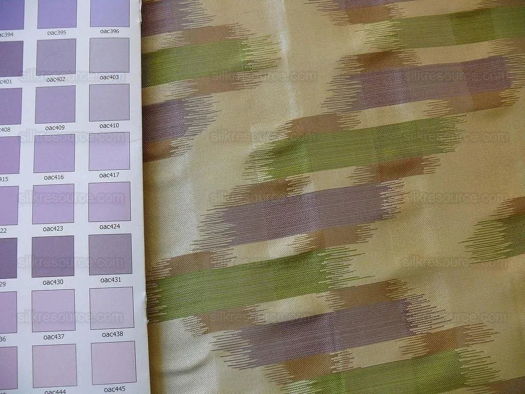 100% Silk Lampas Ikat Wave Chevron "lilac" Purple Green Gold Cream Khaki MSRP USD 268