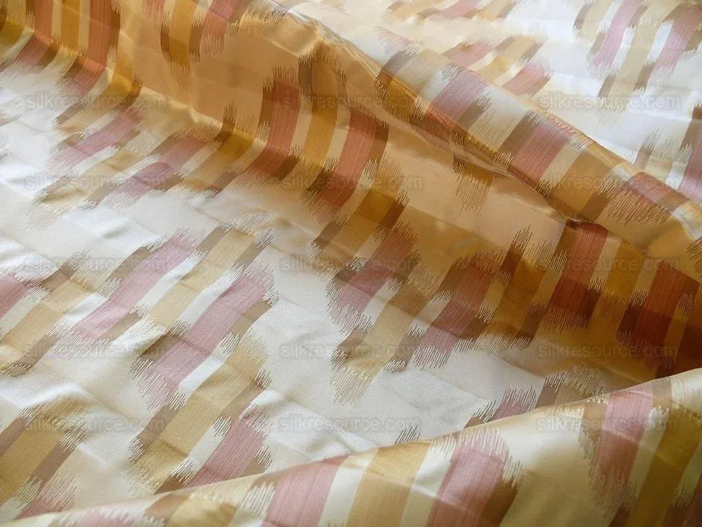 100% Silk Lampas Ikat Wave "cameo" Khaki Beige Brown Pink MSRP USD 268