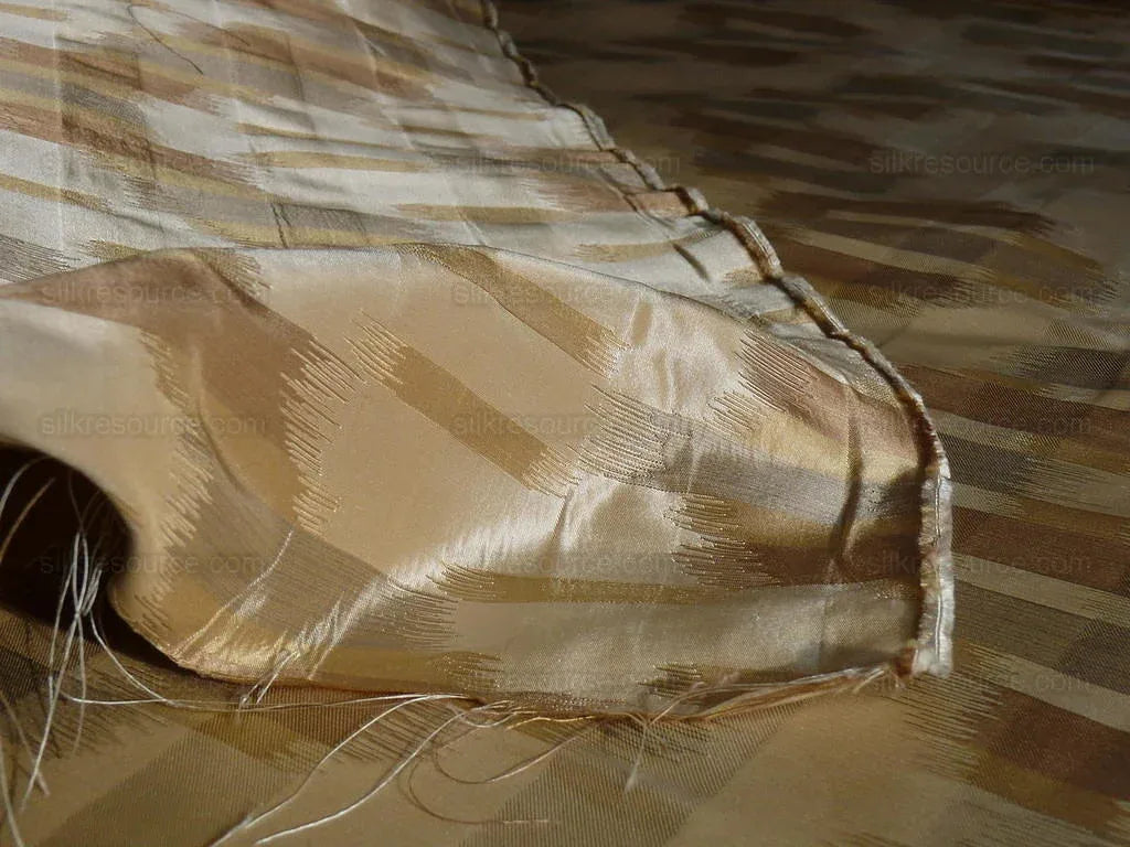 100% Silk Lampas Ikat Wave "flax" Tan Brown Gray Beige MSRP USD 268/y