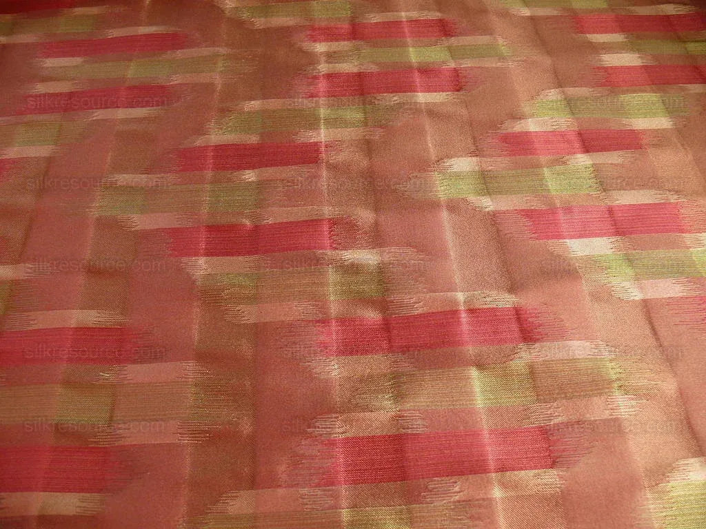 100% Silk Lampas Ikat Wave "redwood" Red Pink Green MSRP USD 268/y