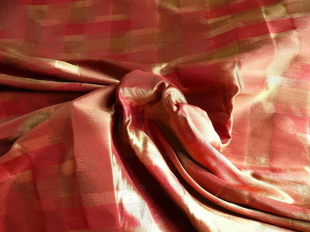 100% Silk Lampas Ikat Wave "redwood" Red Pink Green MSRP USD 268/y