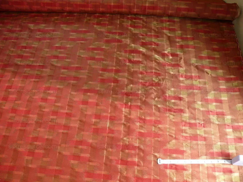 100% Silk Lampas Ikat Wave "redwood" Red Pink Green MSRP USD 268/y