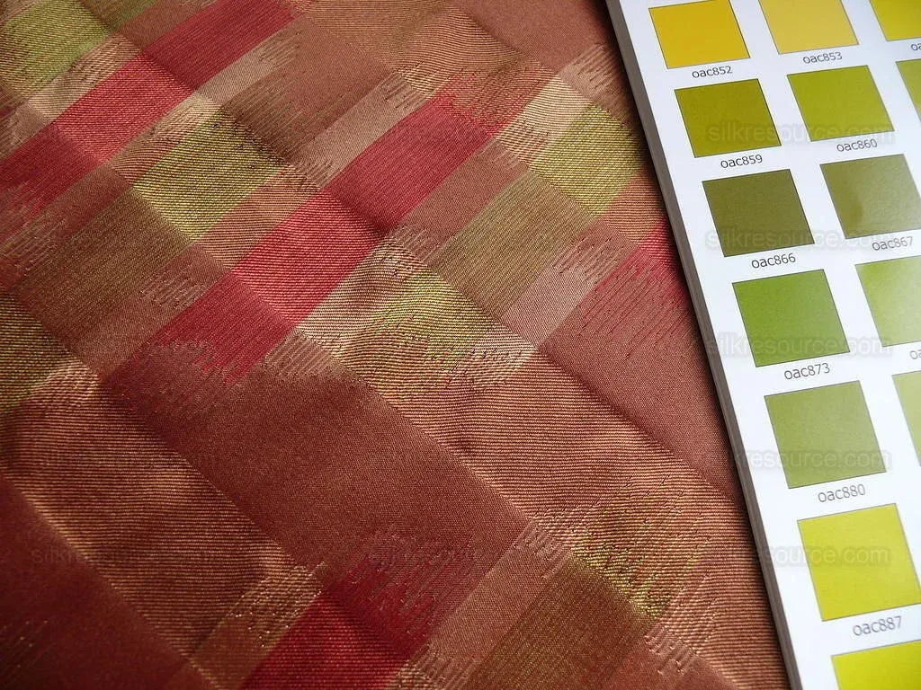 100% Silk Lampas Ikat Wave "redwood" Red Pink Green MSRP USD 268/y