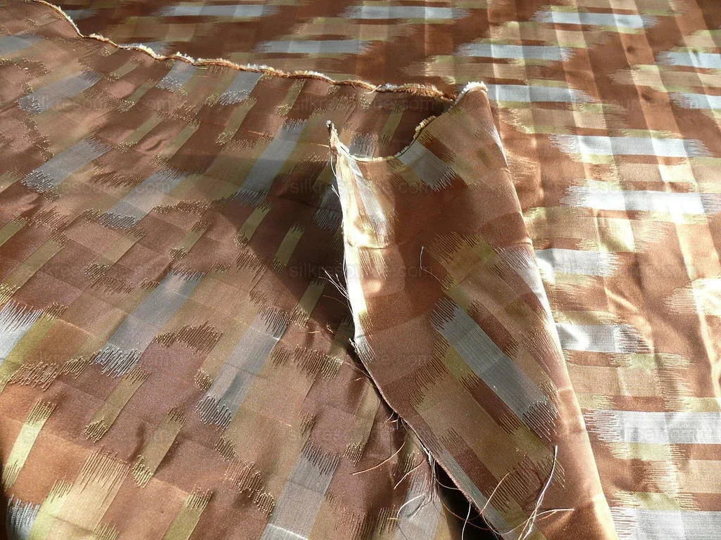 100% Silk Lampas Ikat Wave "cocoa" Brown Silver Gold MSRP USD 268/y