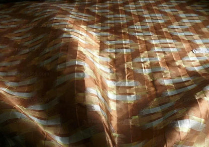 100% Silk Lampas Ikat Wave "cocoa" Brown Silver Gold MSRP USD 268/y