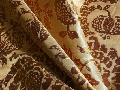 100% Silk Lampas Palampore Ikat Tree Of Life Pomegranate and Figs "toffee Twist" Gold Mocha Reversible