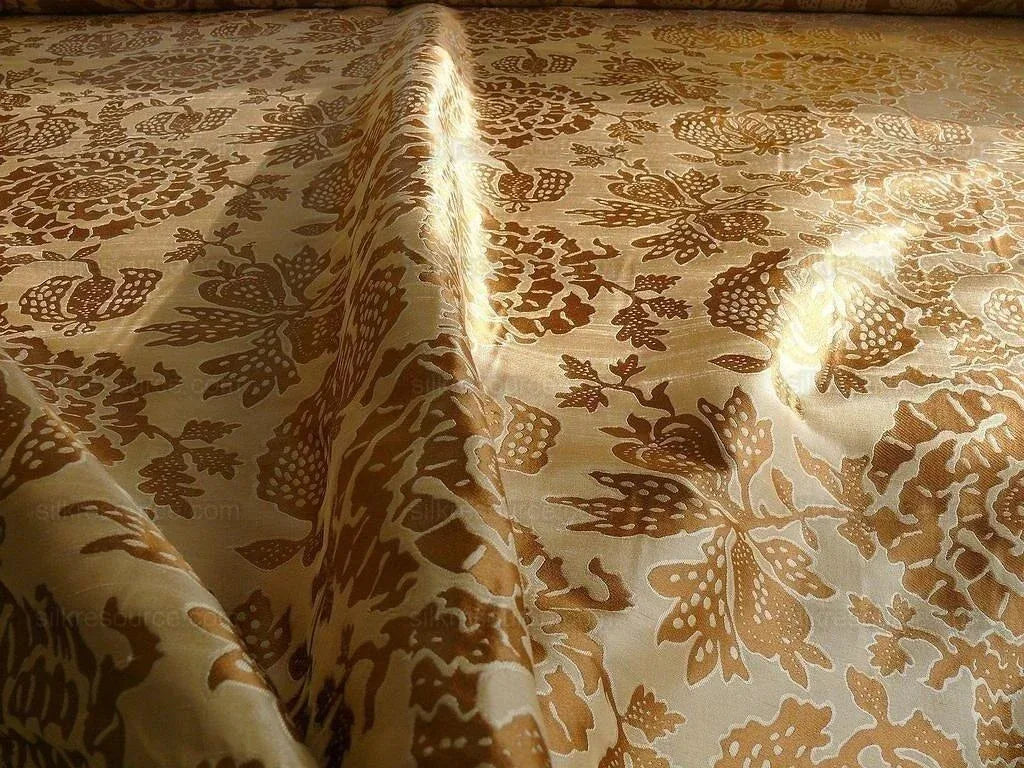 100% Silk Lampas Palampore Ikat Tree Of Life Pomegranate and Figs "toffee Twist" Gold Mocha Reversible