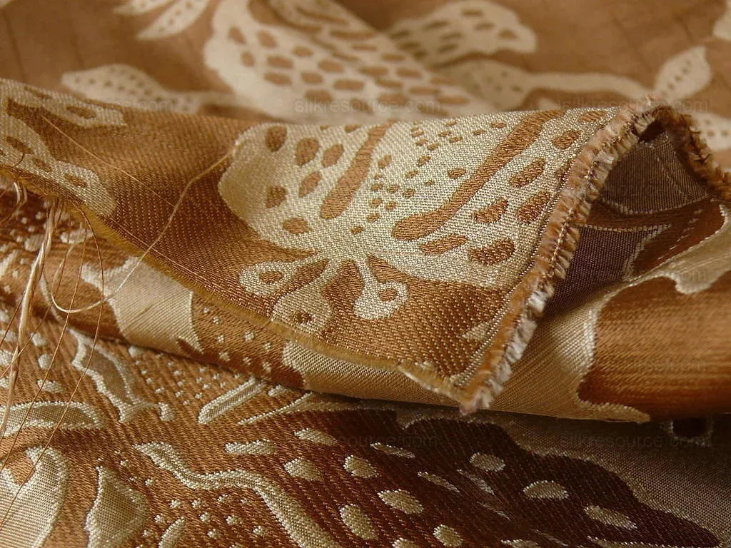 100% Silk Lampas Palampore Ikat Tree Of Life Pomegranate and Figs "toffee Twist" Gold Mocha Reversible