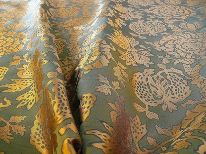 by yard 100% Silk Lampas Papercut Tree Of Life Pom "bijou Blue"