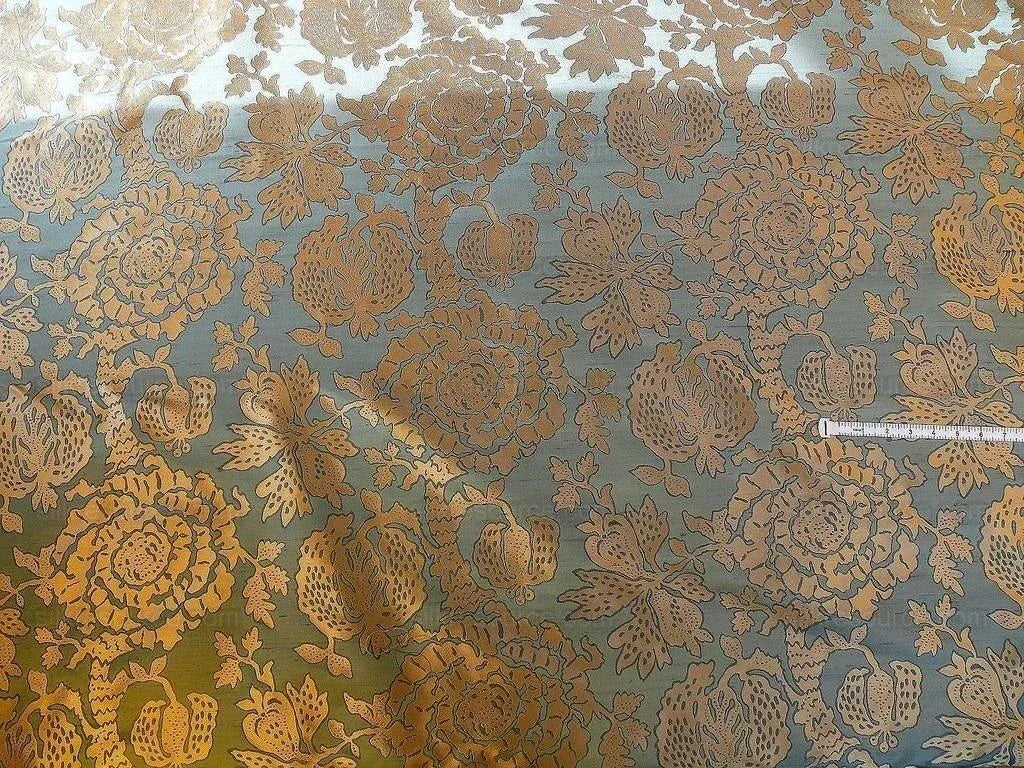 by yard 100% Silk Lampas Papercut Tree Of Life Pom "bijou Blue"