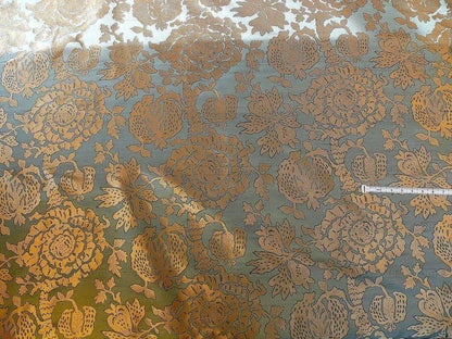 by yard 100% Silk Lampas Papercut Tree Of Life Pom "bijou Blue"