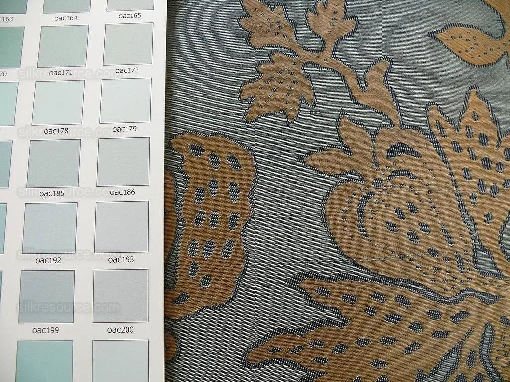 by yard 100% Silk Lampas Papercut Tree Of Life Pom "bijou Blue"