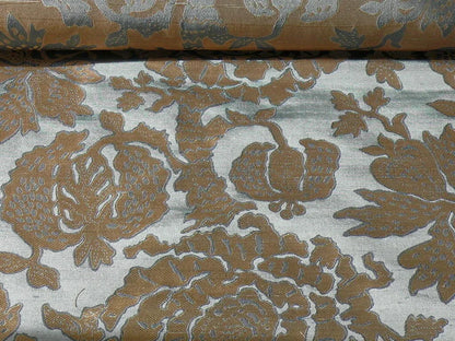 by yard 100% Silk Lampas Papercut Tree Of Life Pom "bijou Blue"