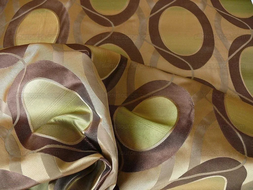100% Silk Lampas Egg Mirror "loden" Khaki Green Brown Grey Gold