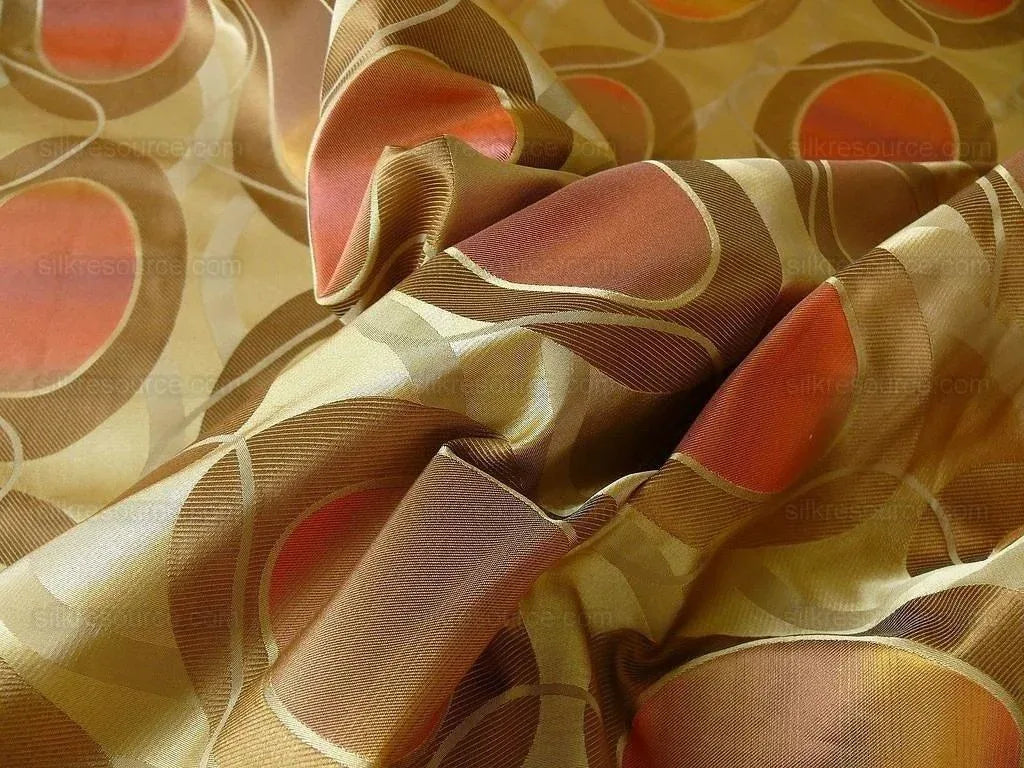 100% Silk Lampas Egg Mirror "curry" Khaki  Brown Orange Red Yellow