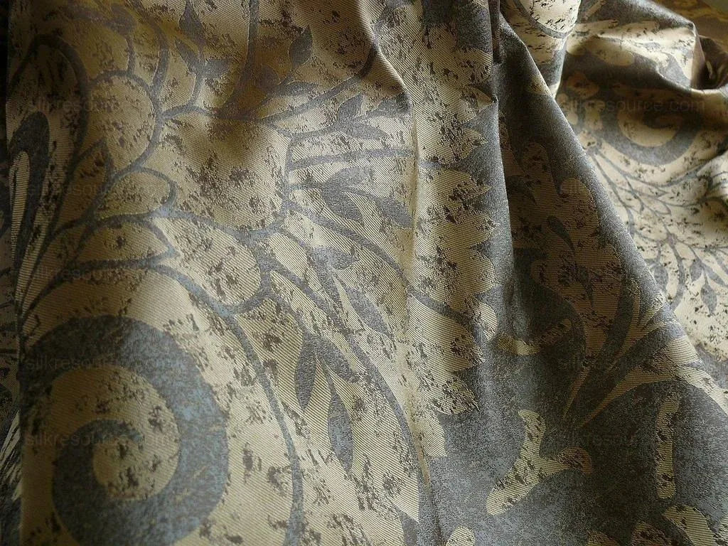 by yard 100% Silk Damask Large Stone Paisley Caspian Grey Blue Mid Century   #1379b