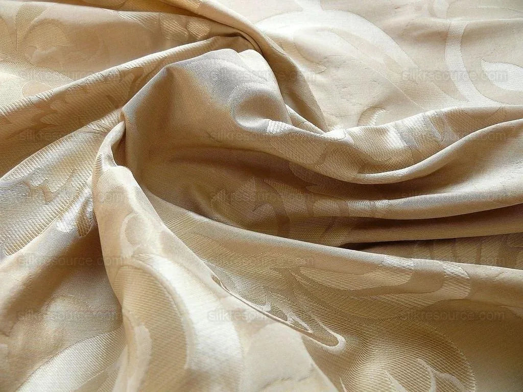 by yard 100% Silk Lampas Carnation Crewel "eggshell" Khaki Beige Reversible Layered