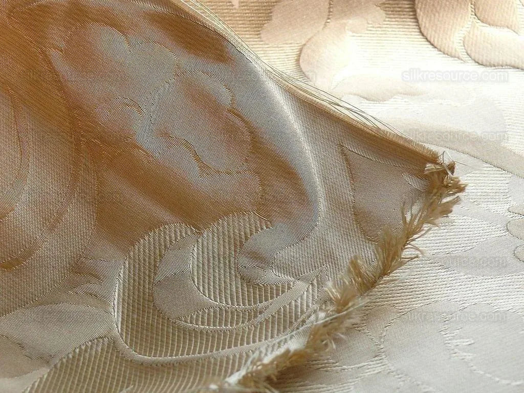 by yard 100% Silk Lampas Carnation Crewel "eggshell" Khaki Beige Reversible Layered