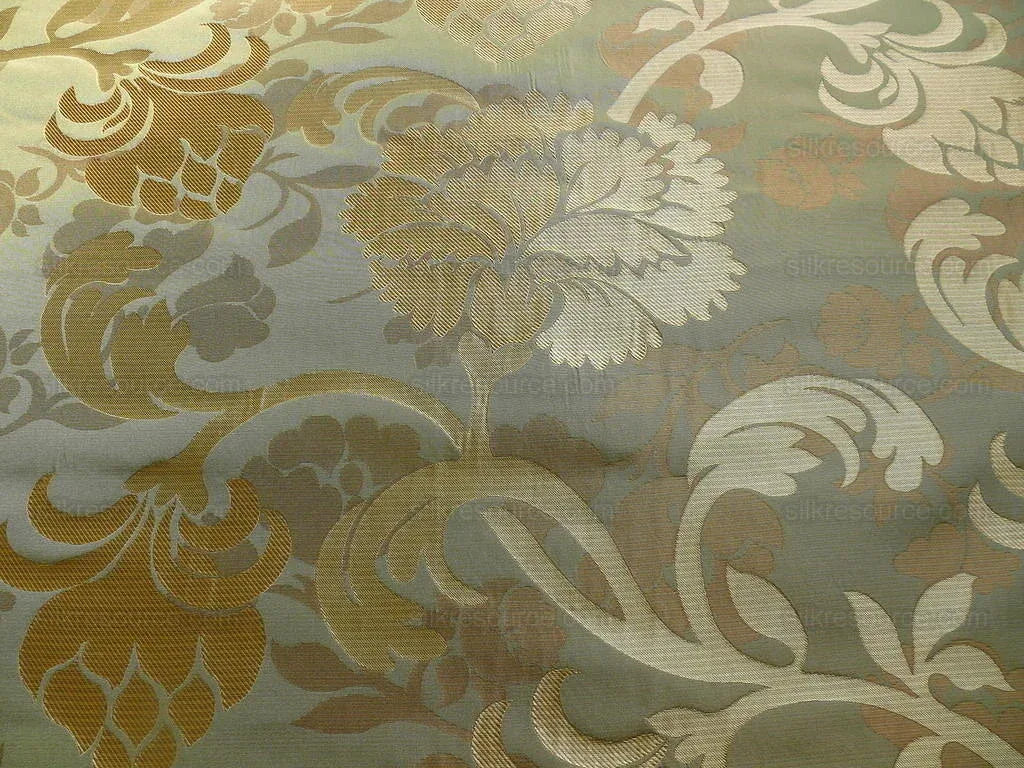 100% Silk Lampas Carnation Crewel "sage" Green Gold Brown Reversible Layered