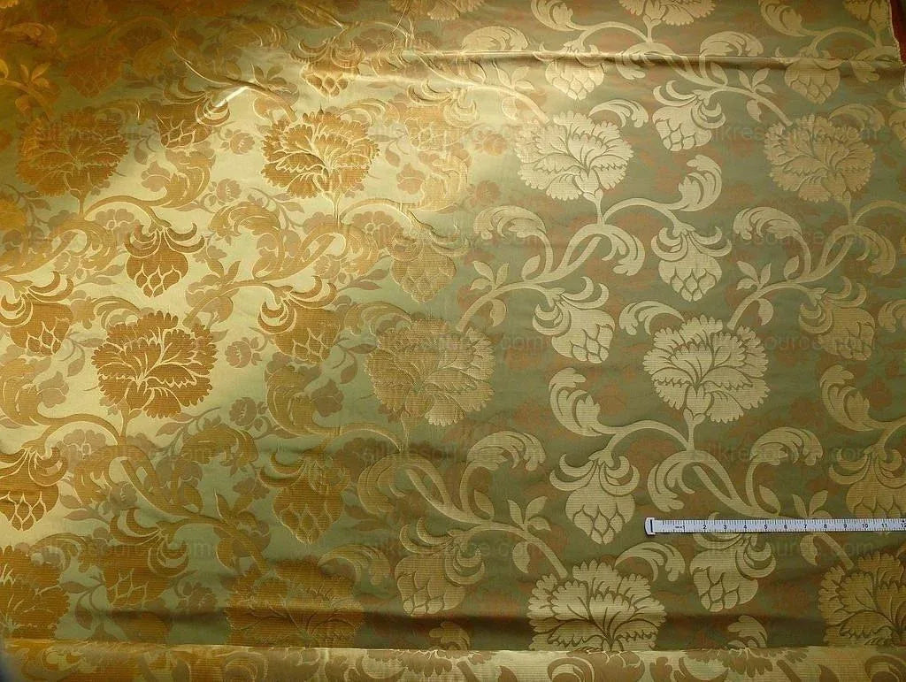 100% Silk Lampas Carnation Crewel "sage" Green Gold Brown Reversible Layered