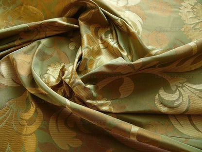 100% Silk Lampas Carnation Crewel "sage" Green Gold Brown Reversible Layered