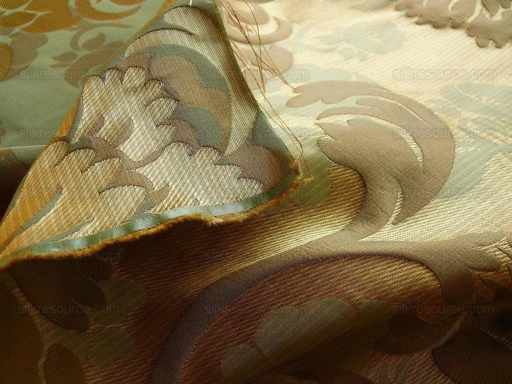 100% Silk Lampas Carnation Crewel "sage" Green Gold Brown Reversible Layered