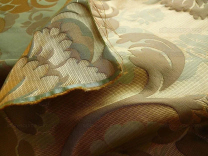 100% Silk Lampas Carnation Crewel "sage" Green Gold Brown Reversible Layered