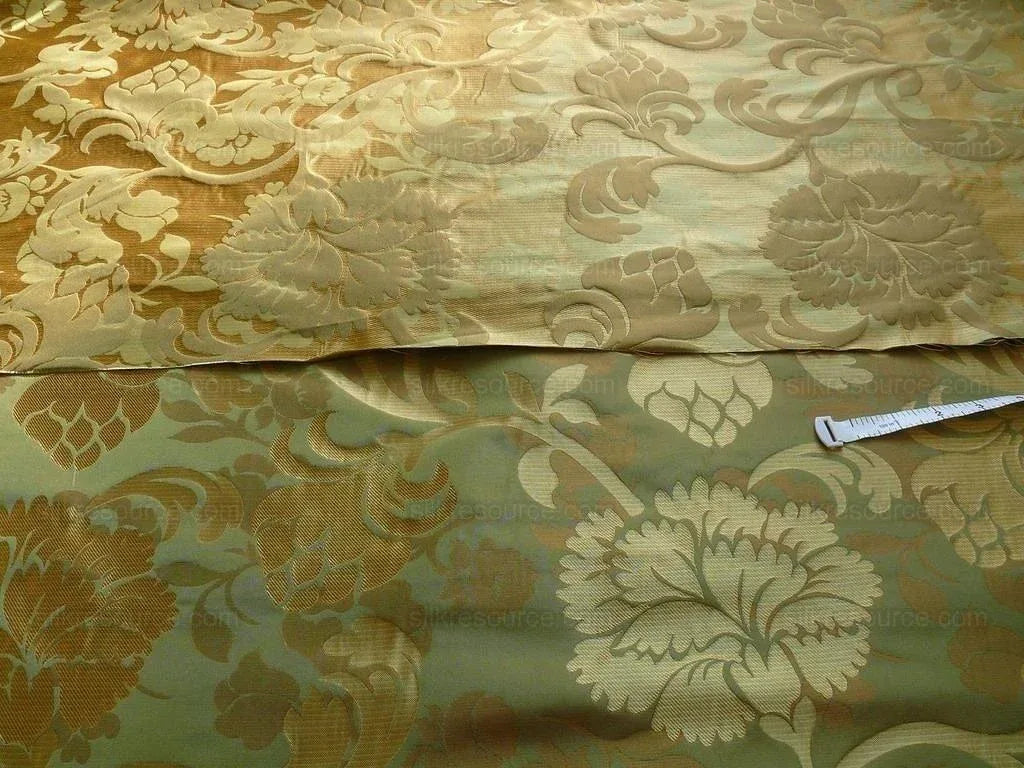 100% Silk Lampas Carnation Crewel "sage" Green Gold Brown Reversible Layered