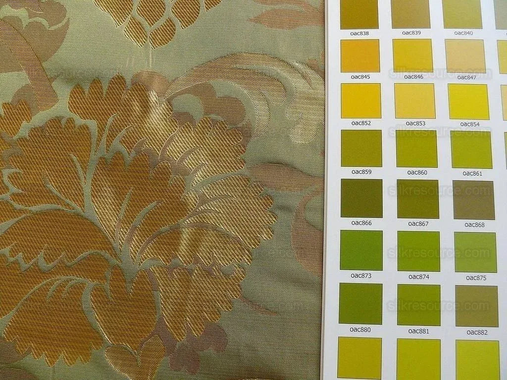 100% Silk Lampas Carnation Crewel "sage" Green Gold Brown Reversible Layered